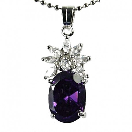 Women's Fashion Jewellery, Girls Gift, Amethyst CZ Oval Flower Costume Necklace Pendant