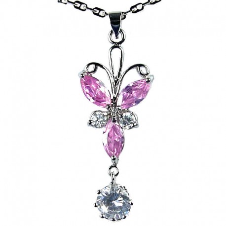 Girl's Costume Jewellery, Gift for Her, Fashion Pink CZ Butterfly Drop Pendant Necklace