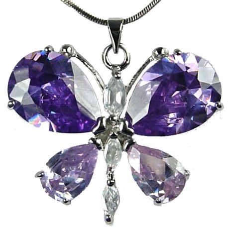 Girls Fashion Jewellery, Women's Costume Necklaces, Gift for Her, Cute Lilac CZ Flutter Large Butterfly Pendant Neckalce