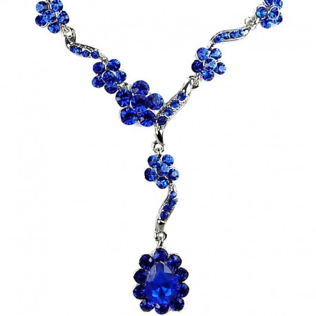 Bridal Costume Jewellery, Fashion Wedding Gift, Bib Royal Blue Diamante Daisy Link Teardrop Dress Necklace