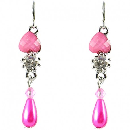 Women's Gift, Girls Costume Jewellery, Hot Pink Rhinestone Teardrop Pearl Dainty Drop Earrings