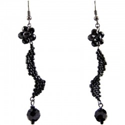 Handmade Bead Costume Jewellery, Handcrafted Fashion Women Gift, Black Flower Twist Beaded Earrings