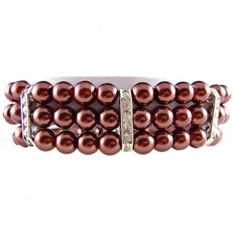 Fashion Women's Gift, Classic Costume Jewellery, Brown Faux Pearl Clear Diamante Spacer Stretch Bracelet