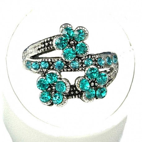 Cute Costume Jewellery Rings, Fashion Young Women Girls Gift, Aqua Blue Diamante Triple Flower Ring