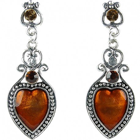 Fashion Women's Costume Jewellery, Love Statement Brown Enamel Heart Drop Earrings
