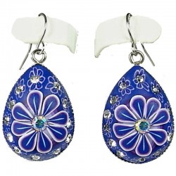 Handcrafted Costume Jewellery, Fashion Women Girls Handmade Gift, Violet Blue Flower Clay Teardrop Drop Earrings