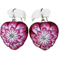Handcrafted Art Costume Jewellery, Fashion Women Girls Handmade Gift, Fuchsia Pink Double Petal Flower Clay Heart Drop Earrings
