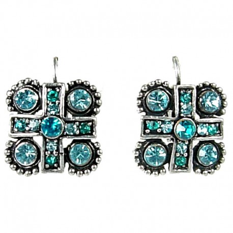 Chic Fashion Trendy Costume Jewellery, Women Girls Gift, Blue Diamante Cross Square Leverback Earrings