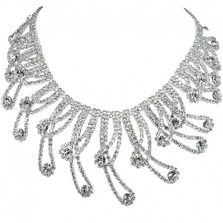 Bridal Costume Jewellery, Wedding Gift, Clear Diamante Bold Charming Teardrop Wave Bib Statement Dress Necklace