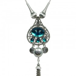 Aqua Blue Luck Teardrop Tassel Drop Long Necklace