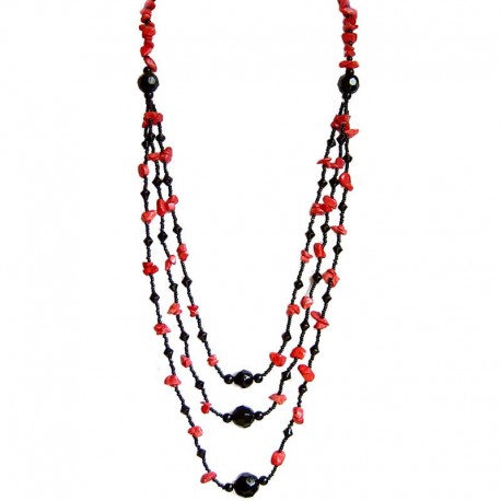 Natural Stone Costume Jewellery Accessories, Fashion Women Gift, Red Howlite Stone Black Bead Three Layer Long Necklace