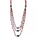 Red Howlite Stone Black Bead Three Layer Long Necklace